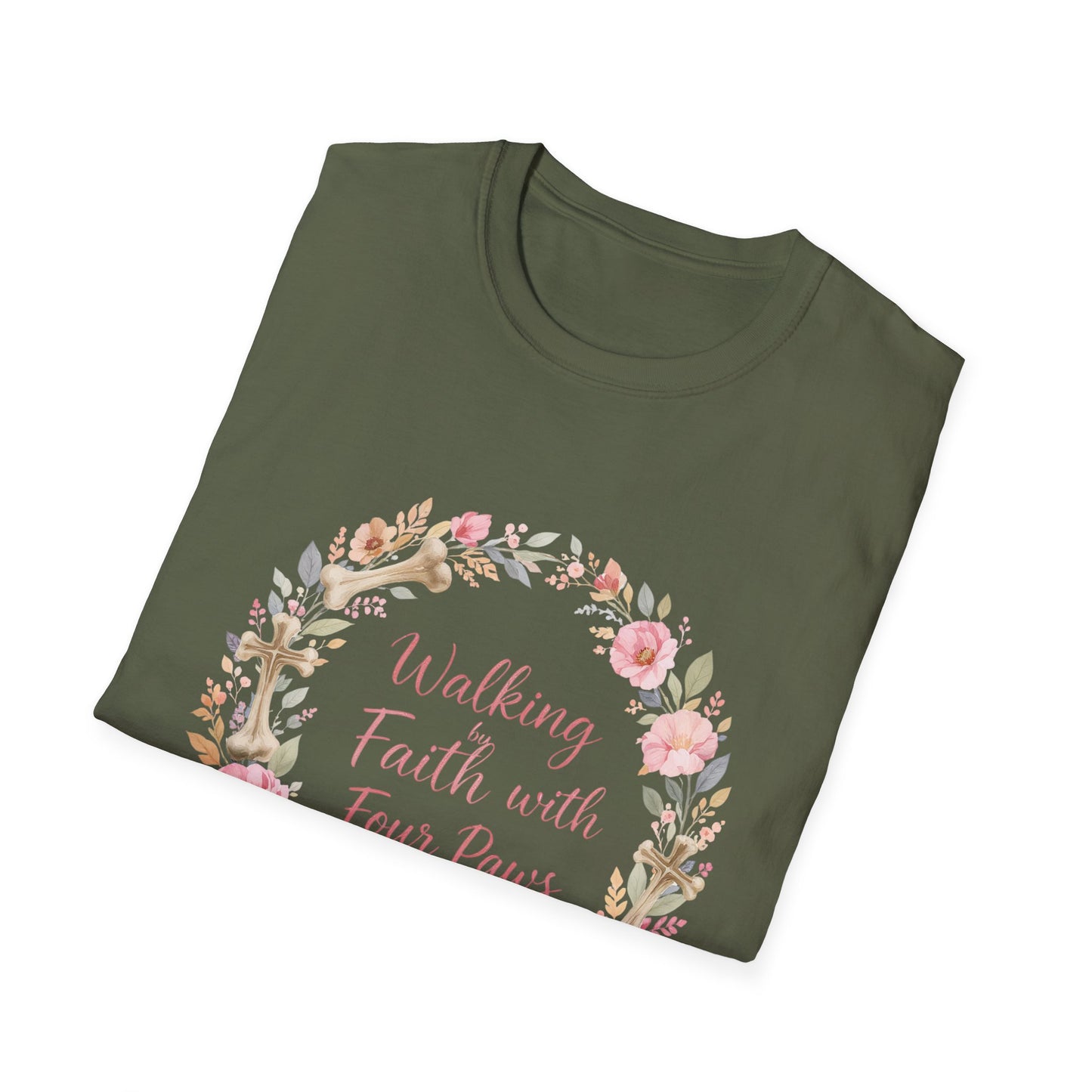 Walking By Faith With Four Paws Floral Wreath T-Shirt