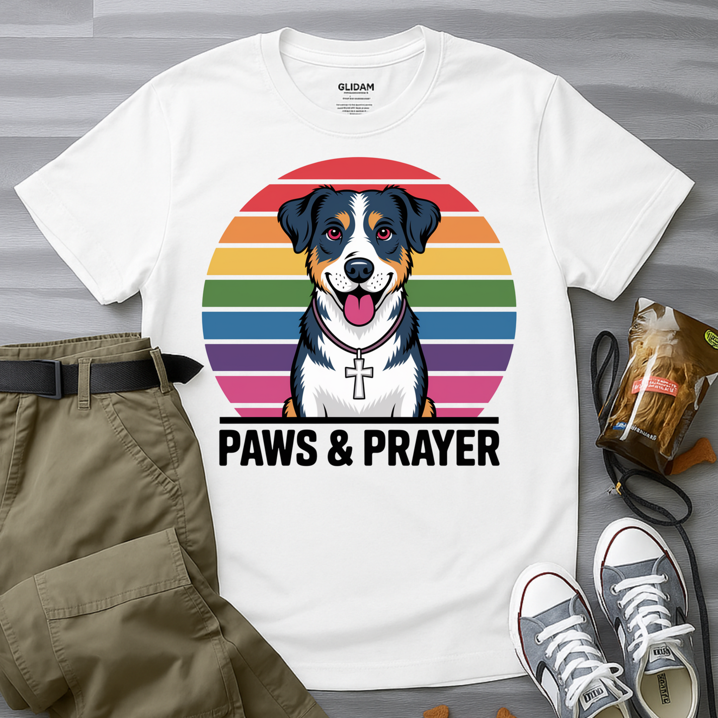 Paws & Prayer β 70s Retro Rainbow Dog T-Shirt