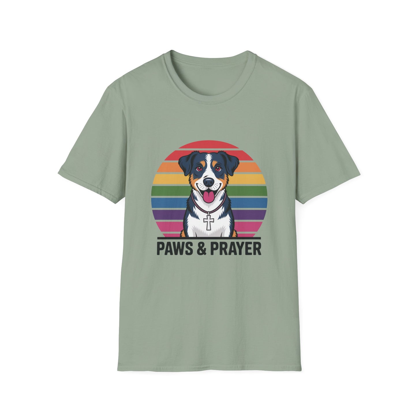 Paws & Prayer – 70s Retro Rainbow Dog T-Shirt