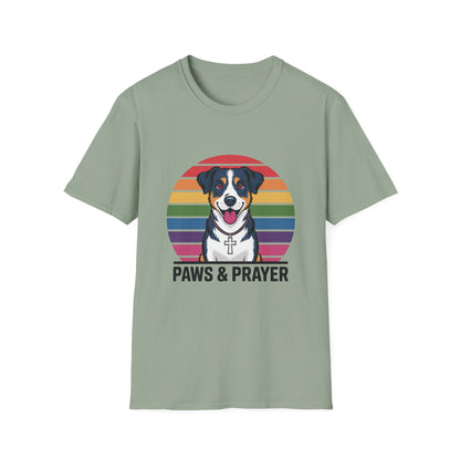 Paws & Prayer – 70s Retro Rainbow Dog T-Shirt