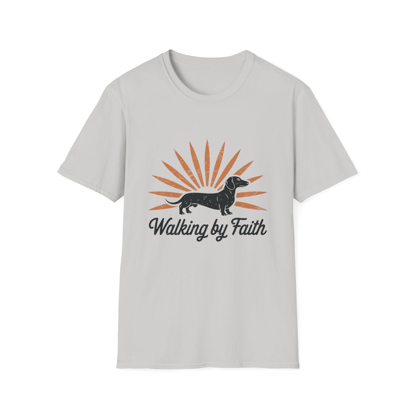 Dachshund Walking by Faith – Vintage Sunburst T-Shirt