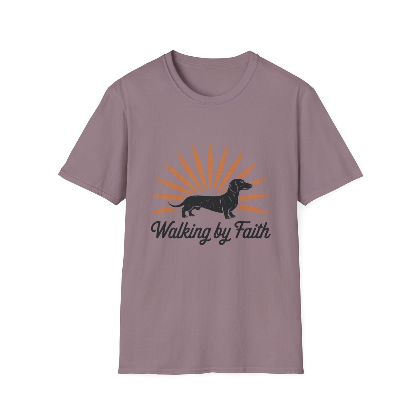 Dachshund Walking by Faith – Vintage Sunburst T-Shirt