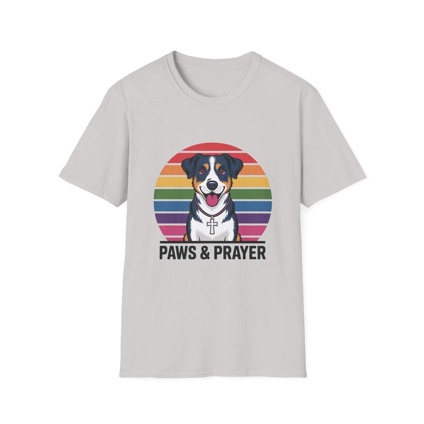 Paws & Prayer – 70s Retro Rainbow Dog T-Shirt