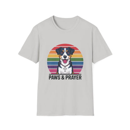 Paws & Prayer – 70s Retro Rainbow Dog T-Shirt
