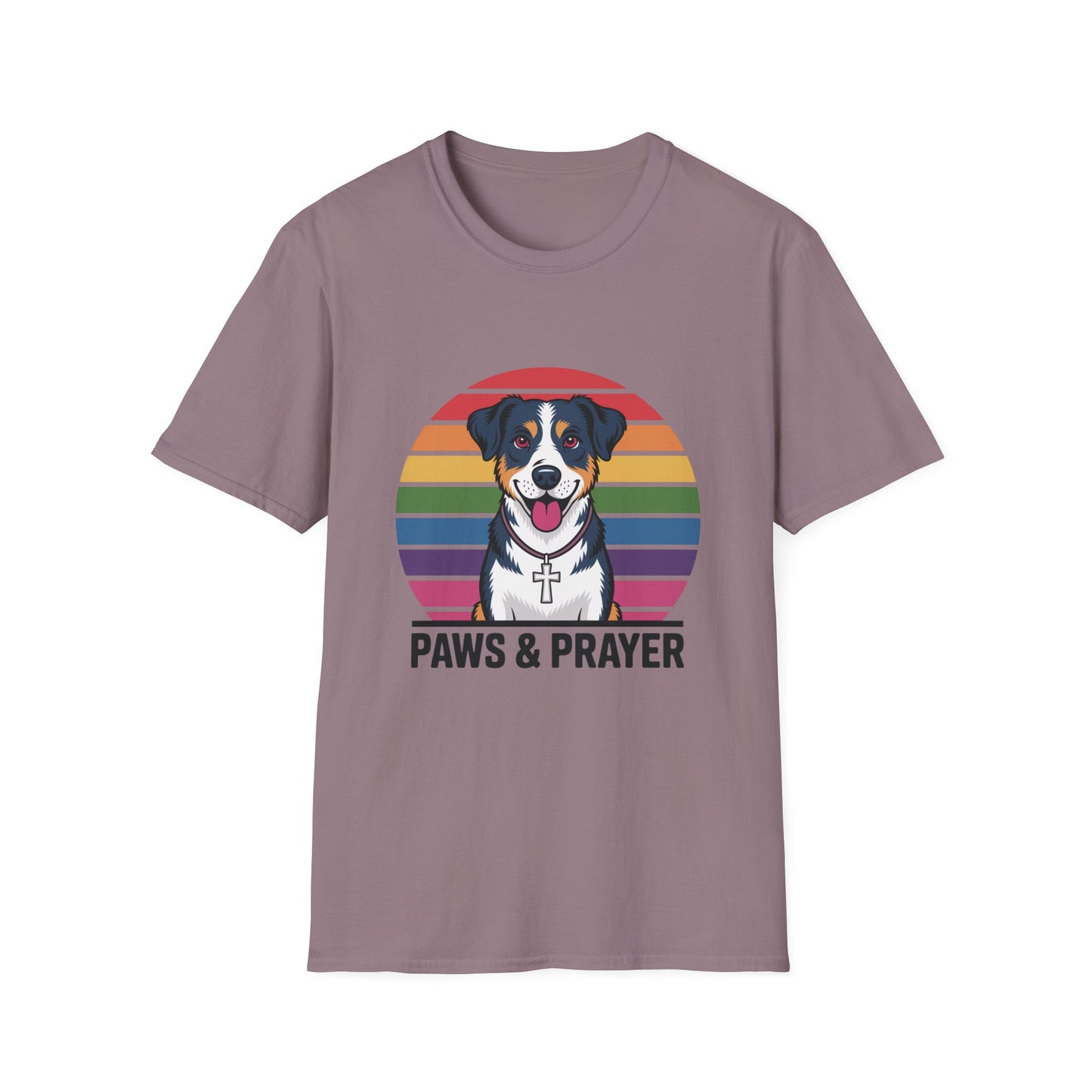 Paws & Prayer – 70s Retro Rainbow Dog T-Shirt