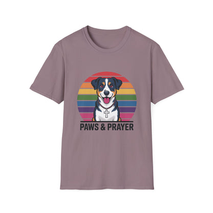 Paws & Prayer – 70s Retro Rainbow Dog T-Shirt