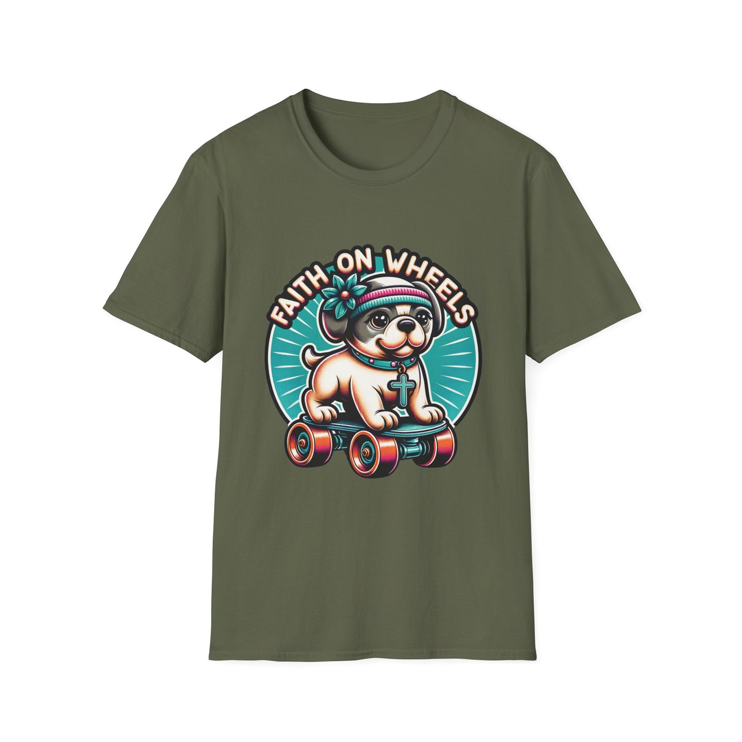 Faith on Wheels – Retro Roller-Skating Dog T-Shirt
