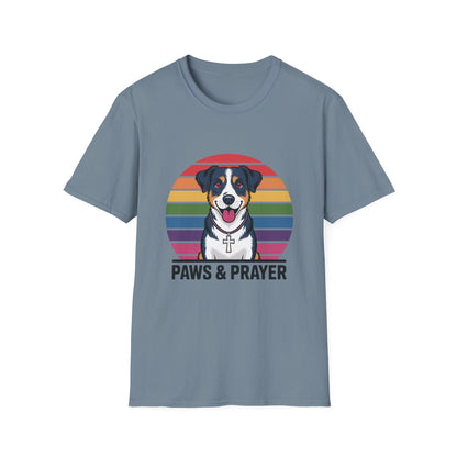 Paws & Prayer – 70s Retro Rainbow Dog T-Shirt