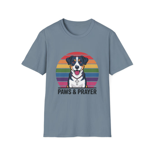 Paws & Prayer – 70s Retro Rainbow Dog T-Shirt