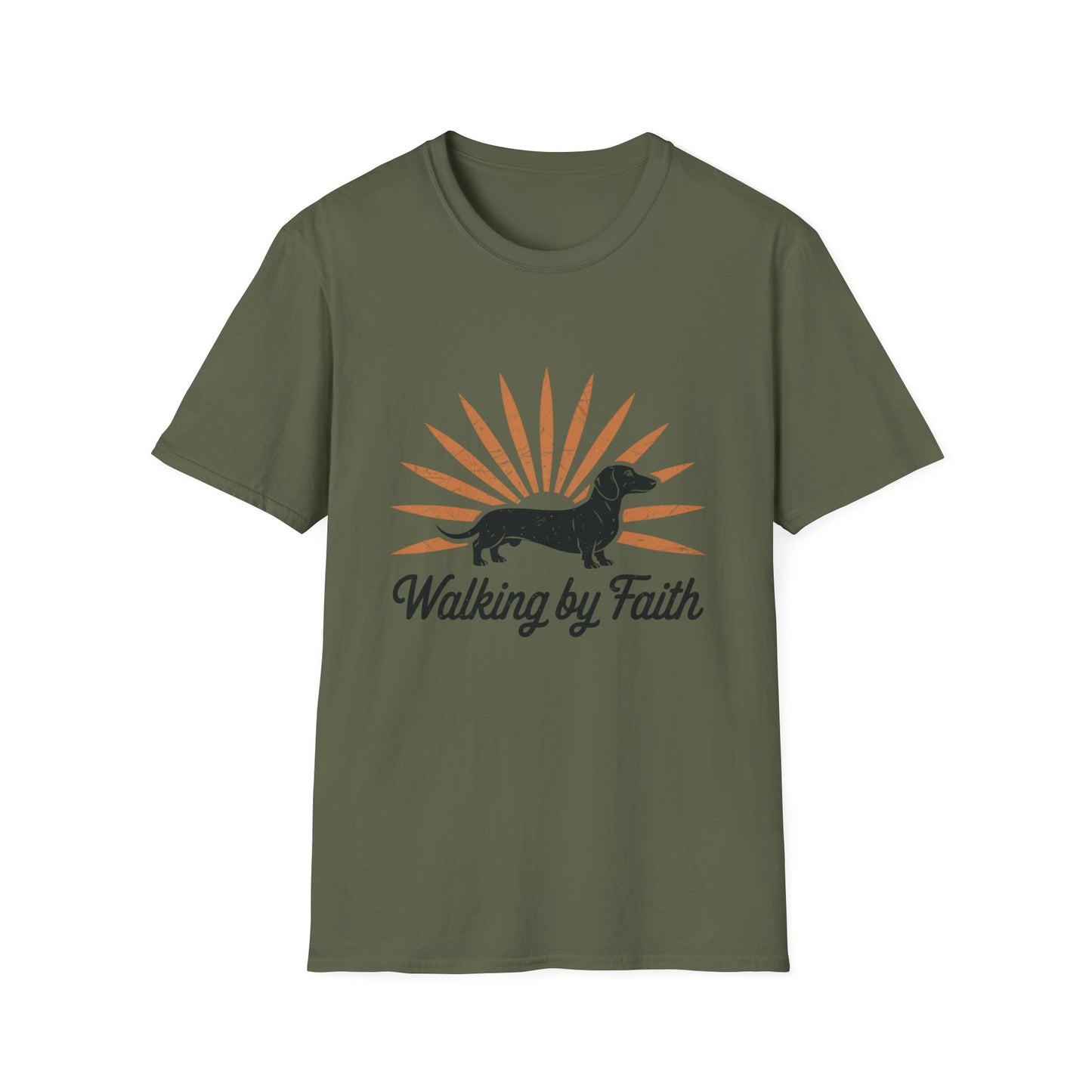 Dachshund Walking by Faith – Vintage Sunburst T-Shirt