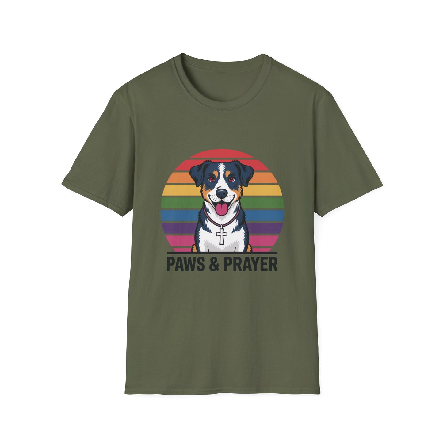 Paws & Prayer – 70s Retro Rainbow Dog T-Shirt