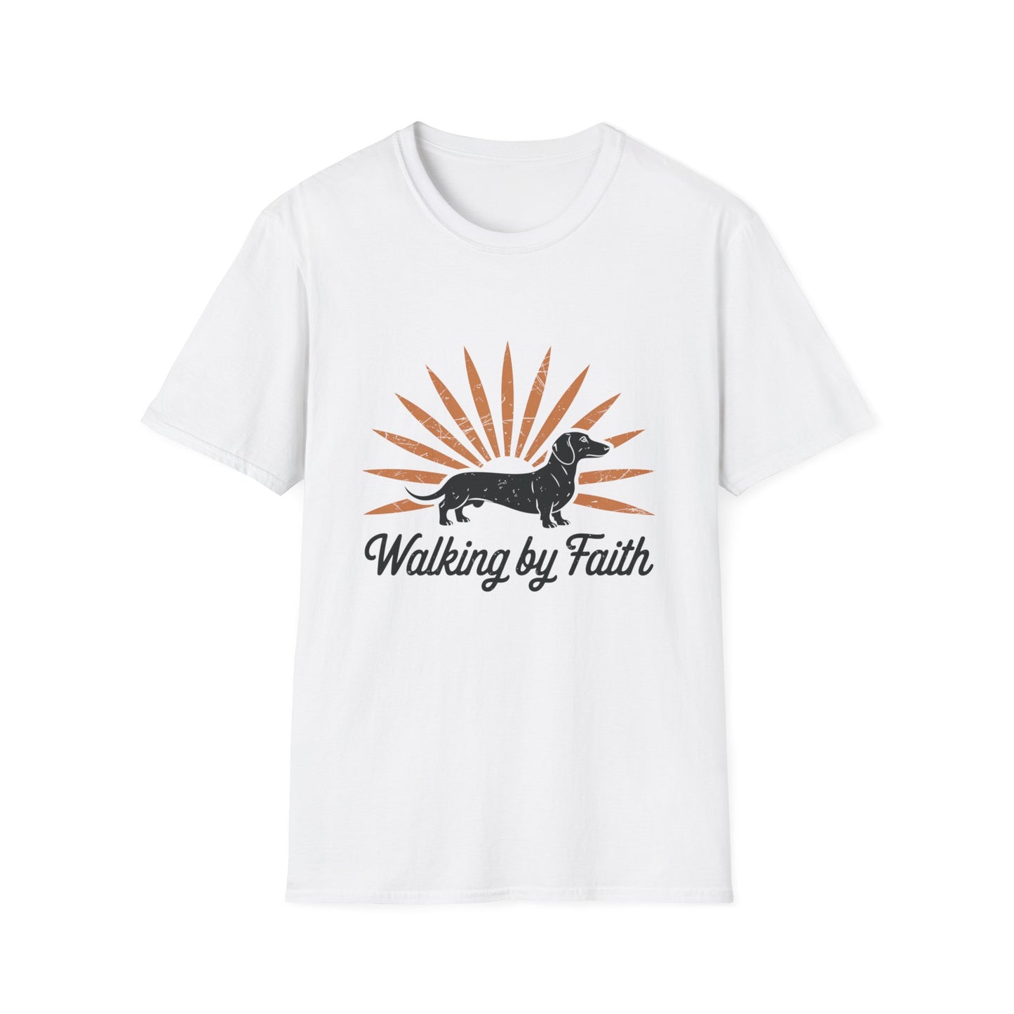 Dachshund Walking by Faith – Vintage Sunburst T-Shirt