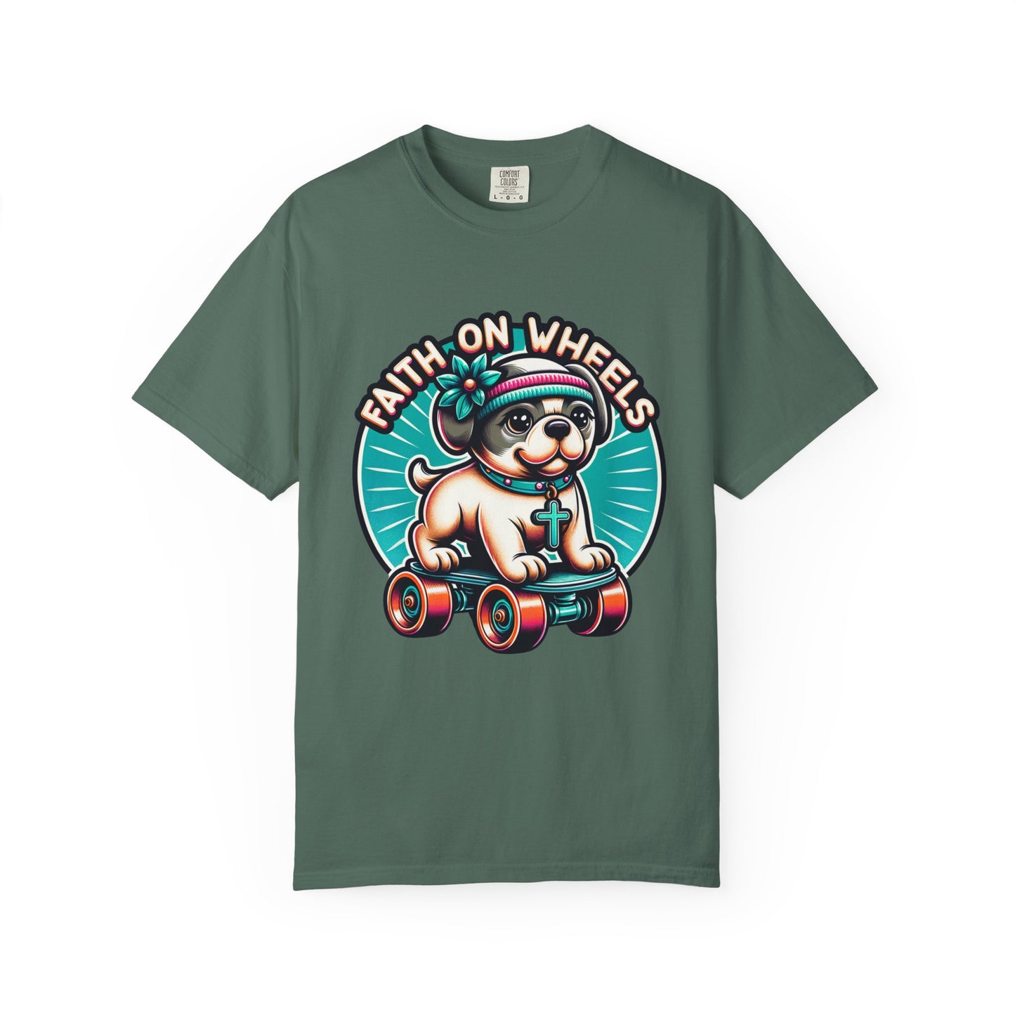 Faith on Wheels – Retro Roller-Skating Dog T-Shirt