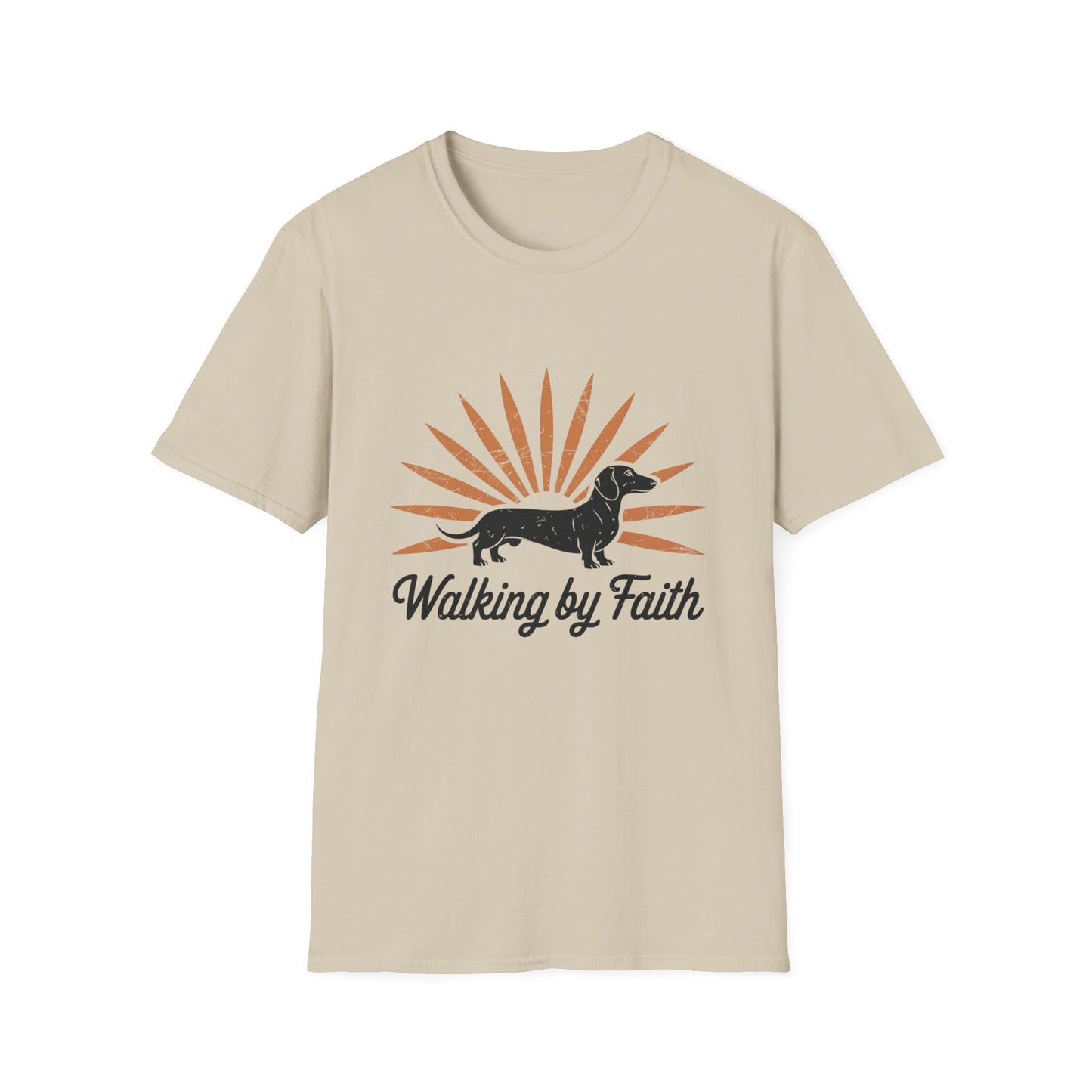 Dachshund Walking by Faith – Vintage Sunburst T-Shirt