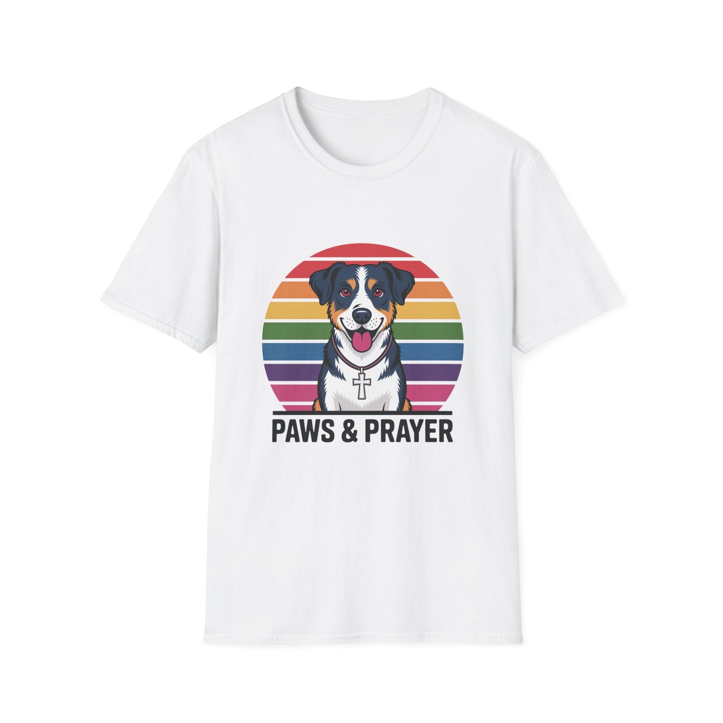 Paws & Prayer – 70s Retro Rainbow Dog T-Shirt