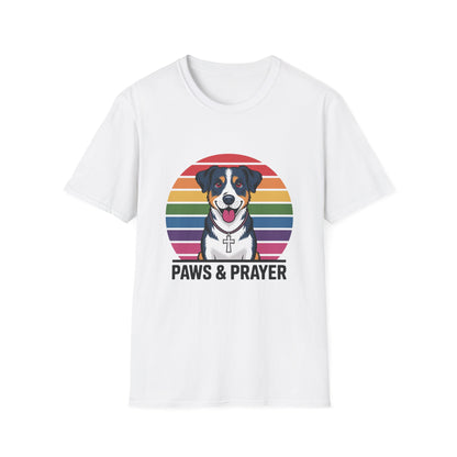 Paws & Prayer – 70s Retro Rainbow Dog T-Shirt