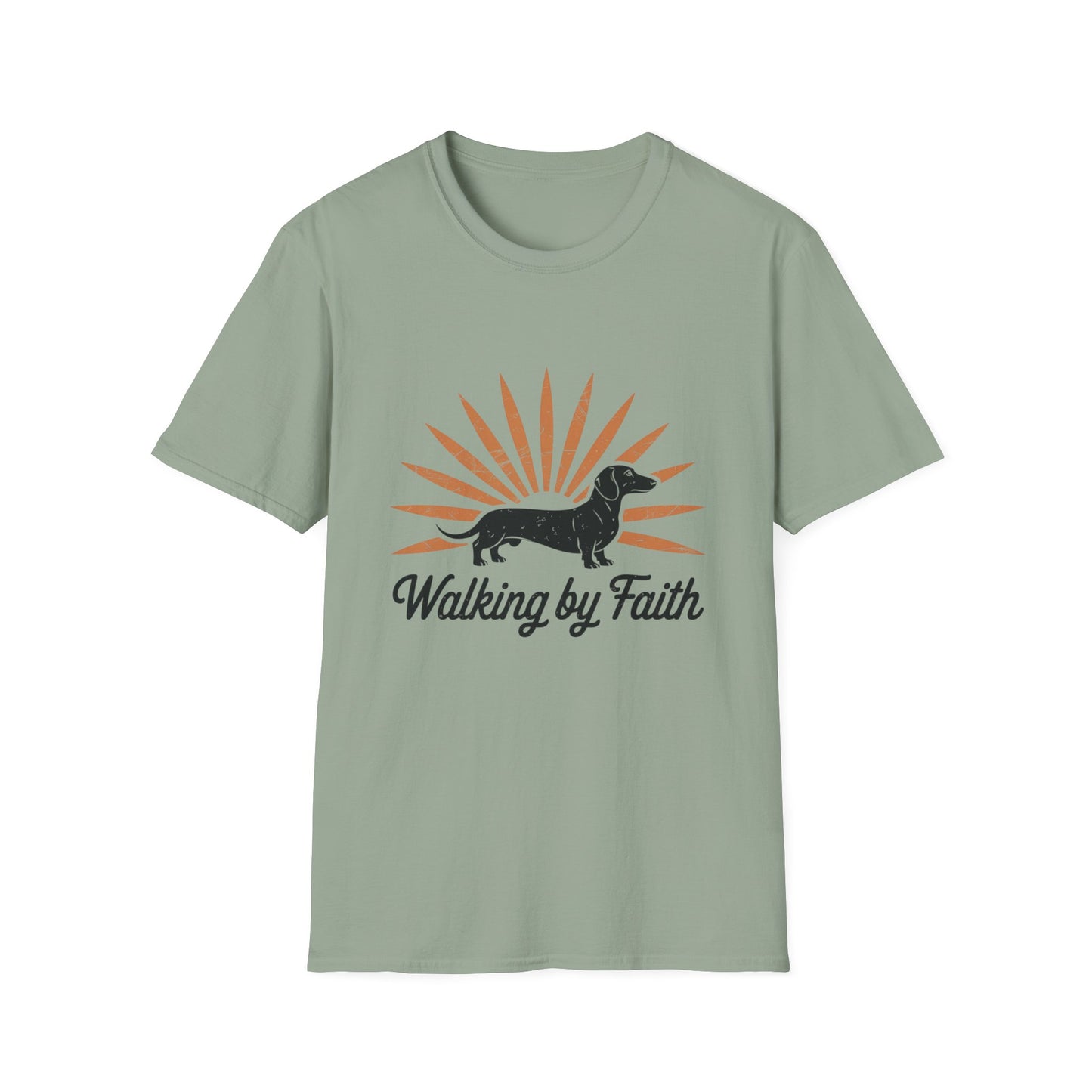 Dachshund Walking by Faith – Vintage Sunburst T-Shirt