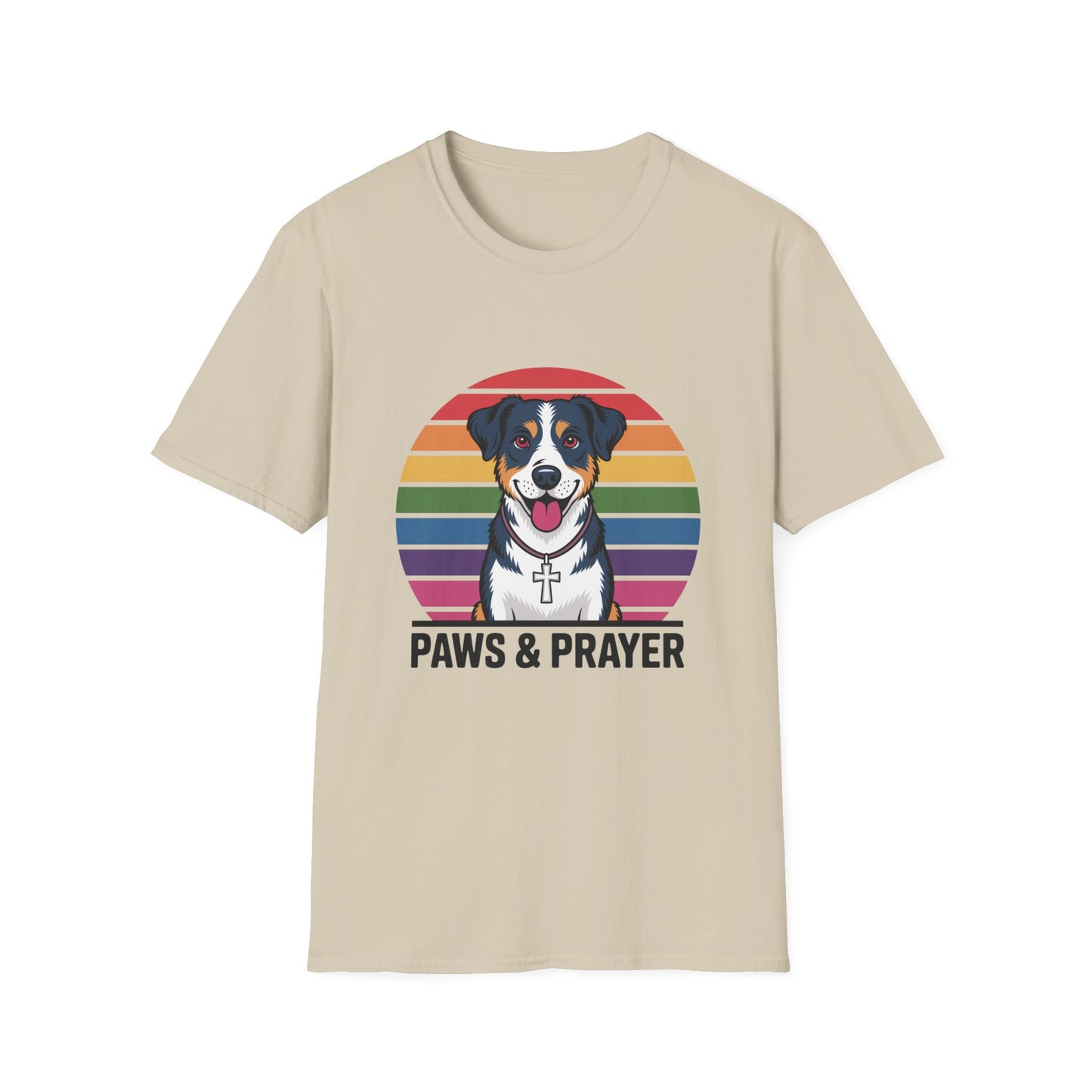 Paws & Prayer – 70s Retro Rainbow Dog T-Shirt