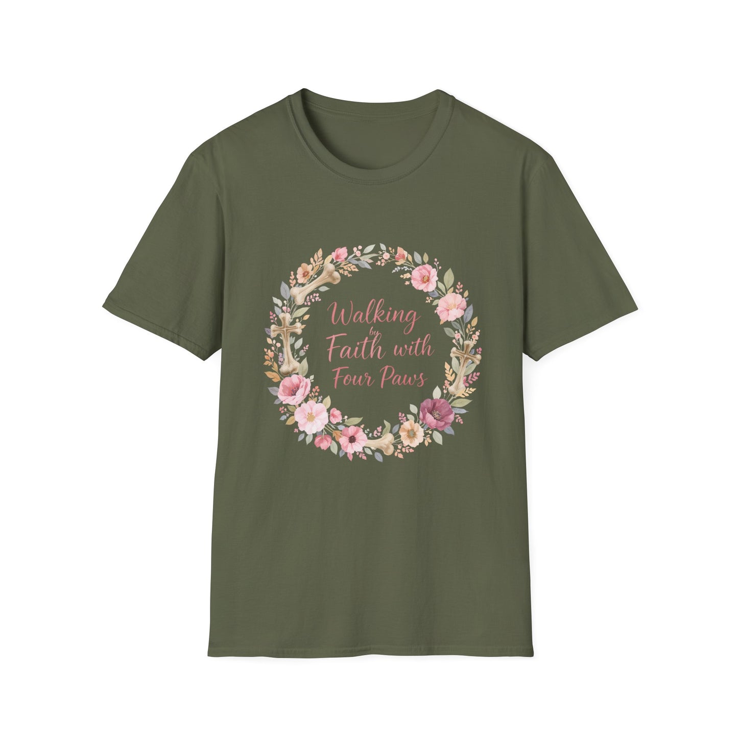 Walking By Faith With Four Paws Floral Wreath T-Shirt