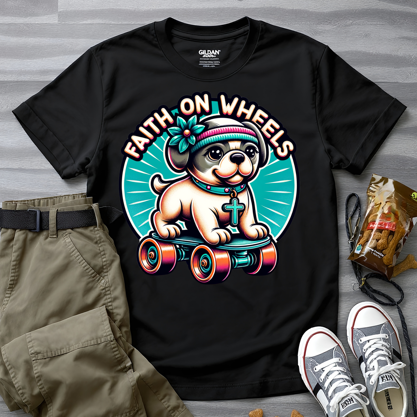 Faith on Wheels – Retro Roller-Skating Dog T-Shirt