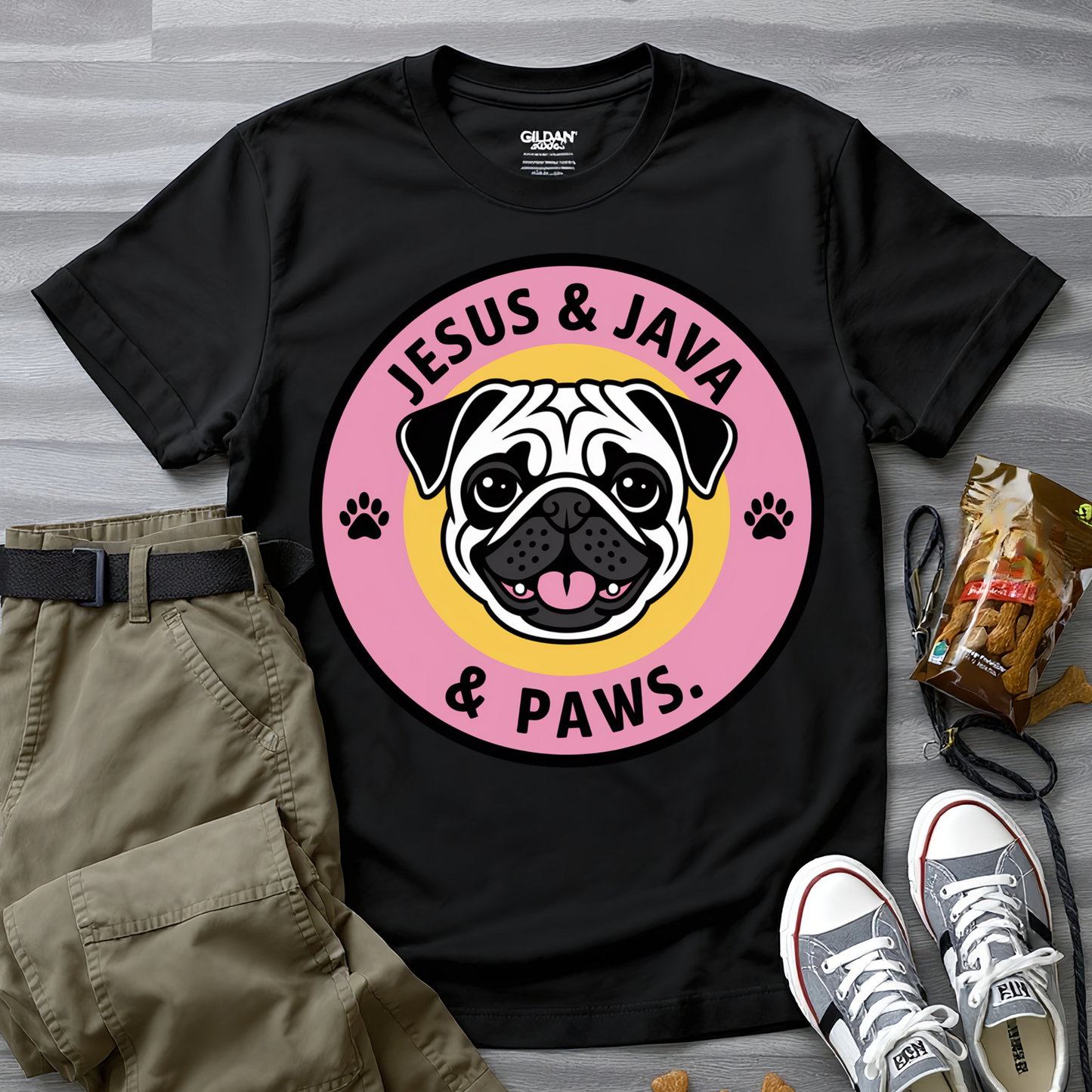 Jesus, Java & Paws – Retro Bubble Font Dog T-Shirt