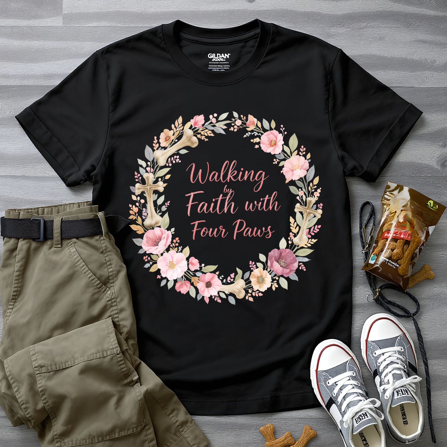 Walking By Faith With Four Paws Floral Wreath T-Shirt