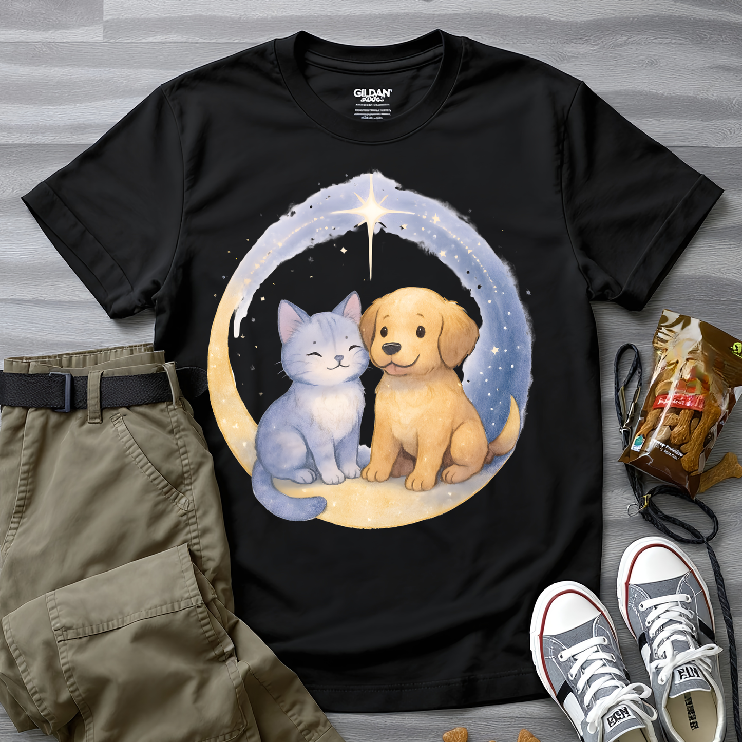 Cat And Dog in Crescent Moon T-Shirt