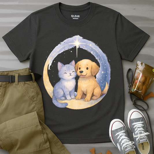 Cat And Dog in Crescent Moon T-Shirt