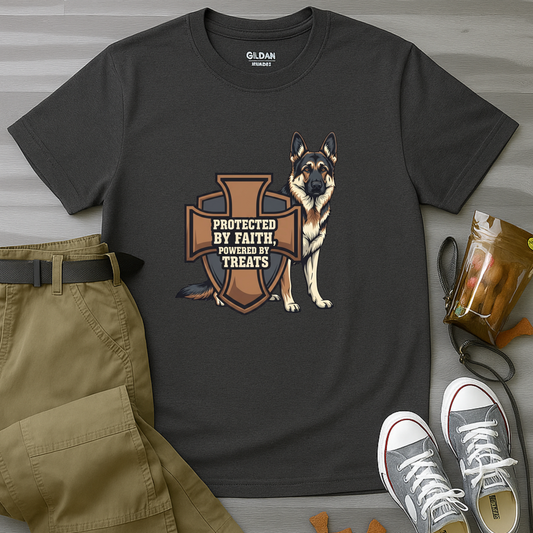 Protected by Faith, Powered by Treats, German Shepherd T-Shirt