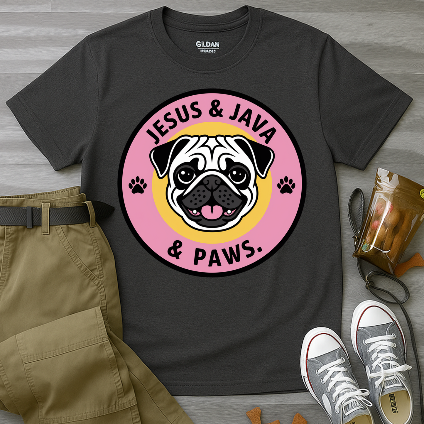 Jesus, Java & Paws – Retro Bubble Font Dog T-Shirt