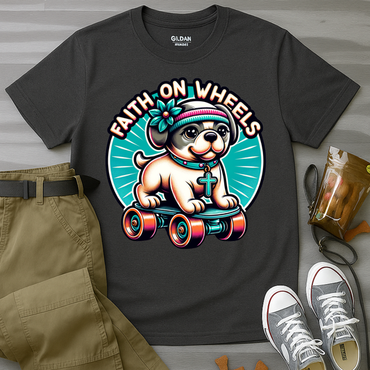 Faith on Wheels – Retro Roller-Skating Dog T-Shirt