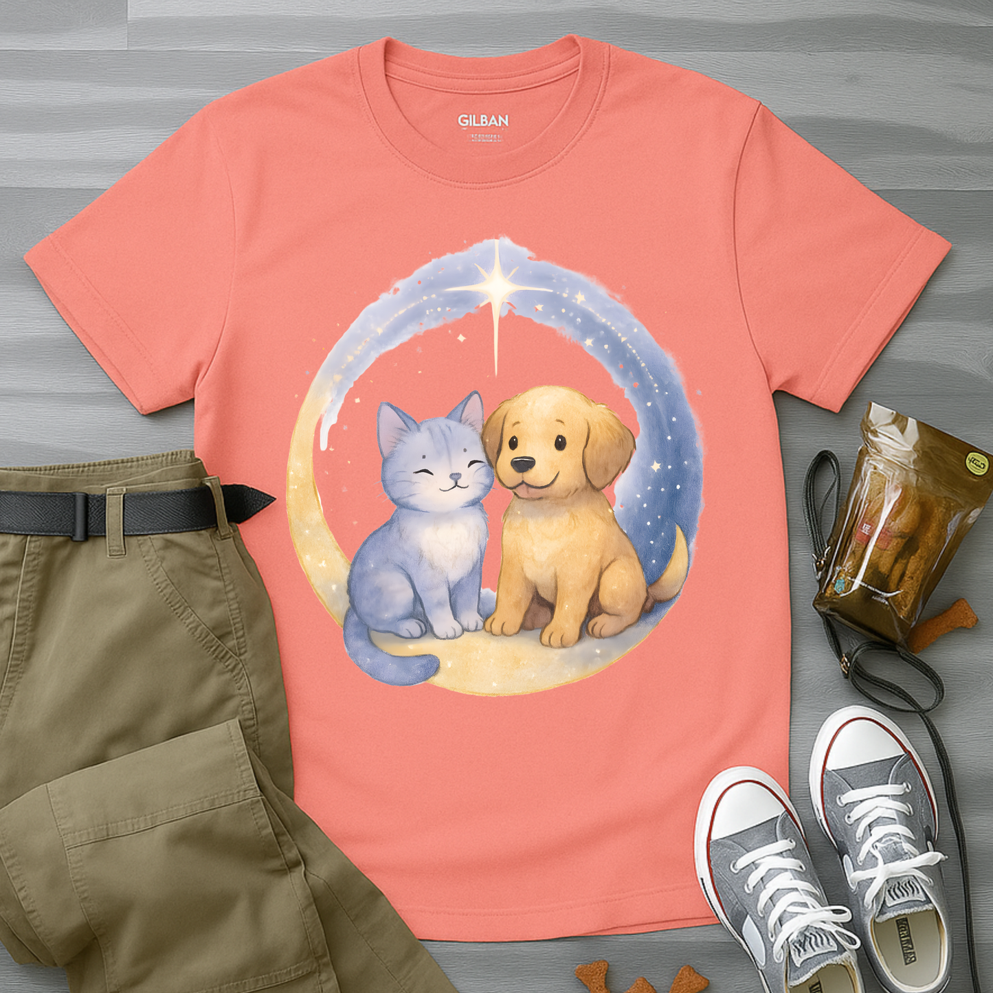 Cat And Dog in Crescent Moon T-Shirt