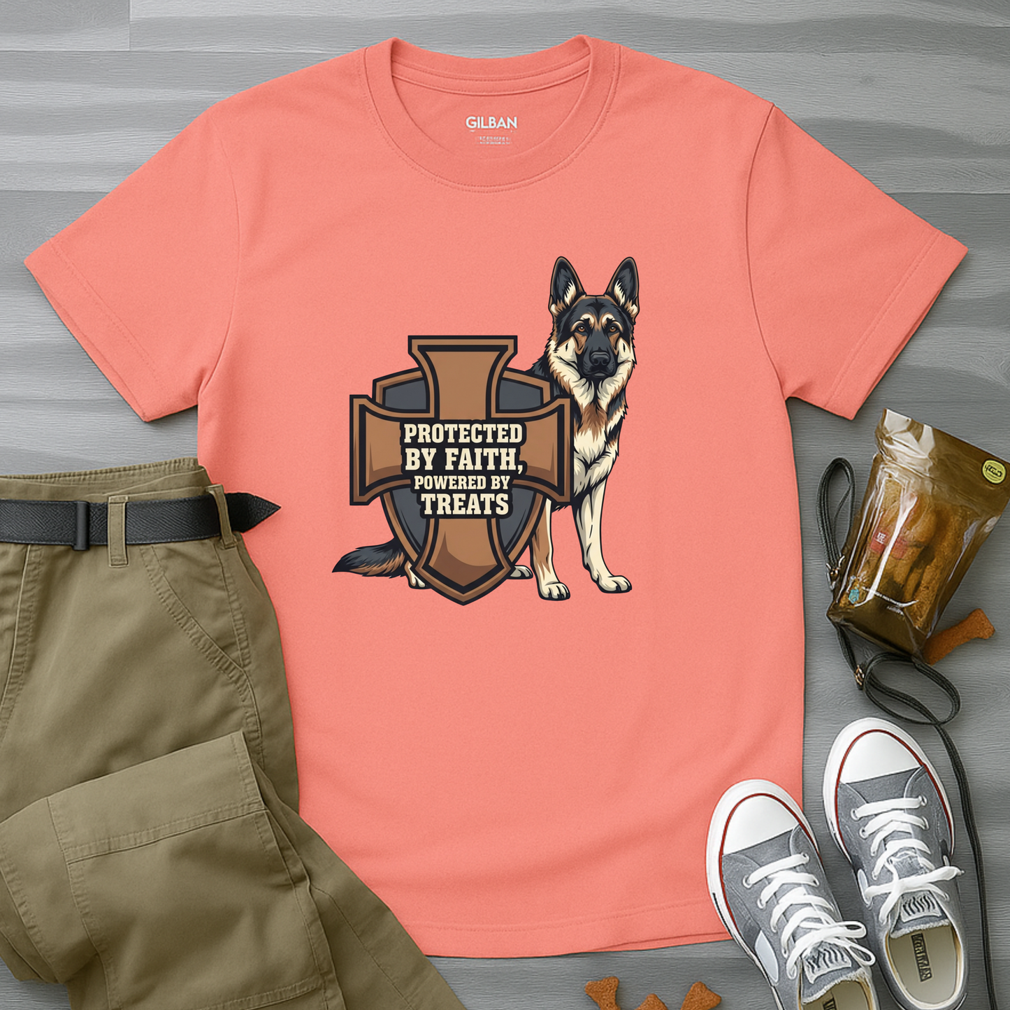 Protected by Faith, Powered by Treats, German Shepherd T-Shirt
