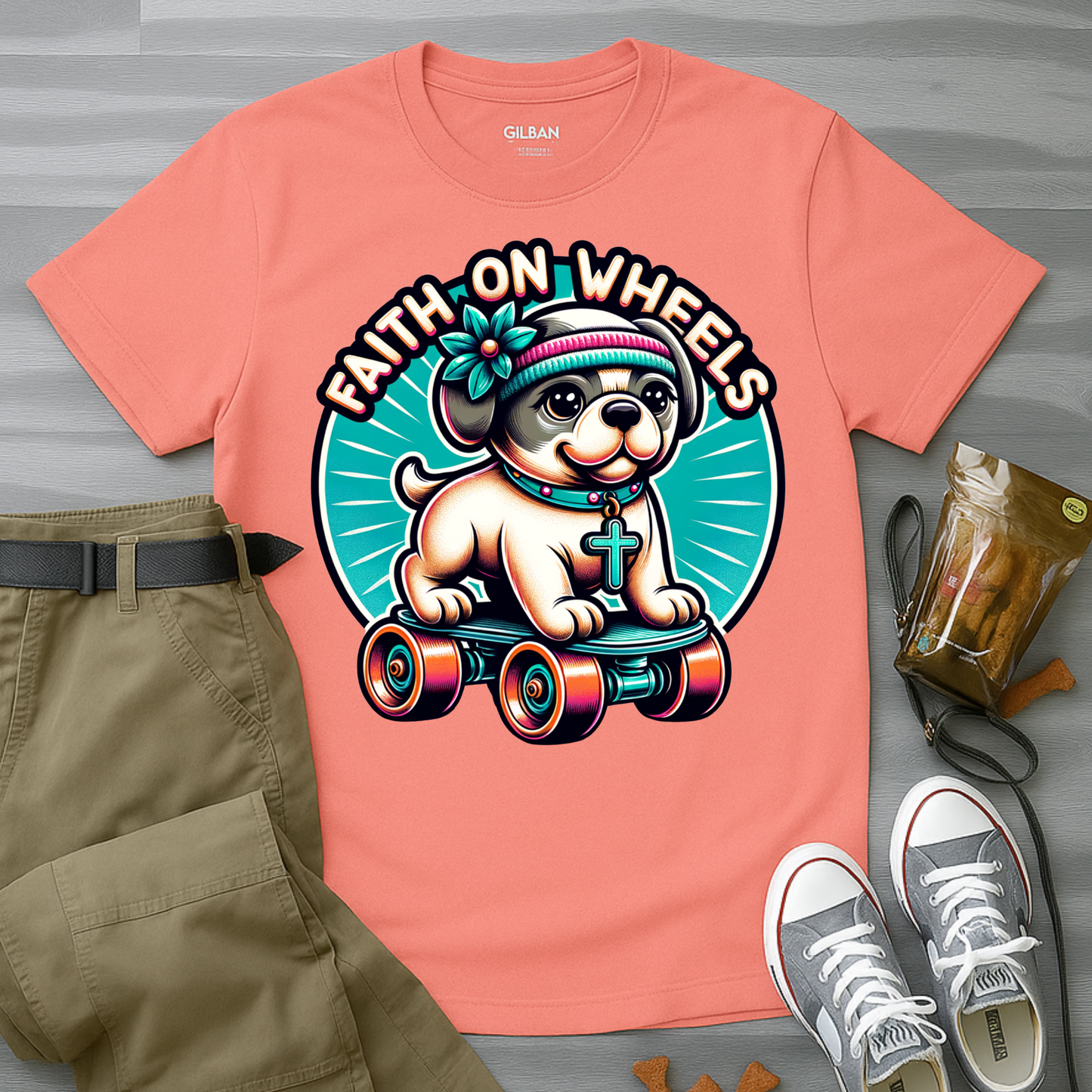 Faith on Wheels – Retro Roller-Skating Dog T-Shirt