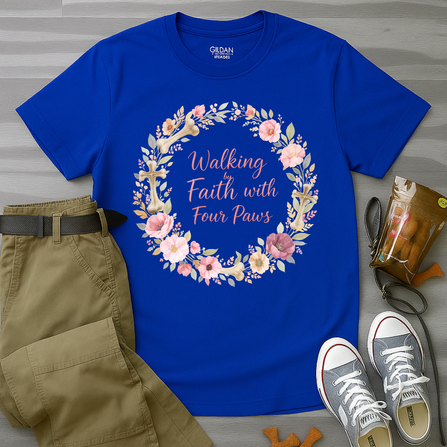 Walking By Faith With Four Paws Floral Wreath T-Shirt