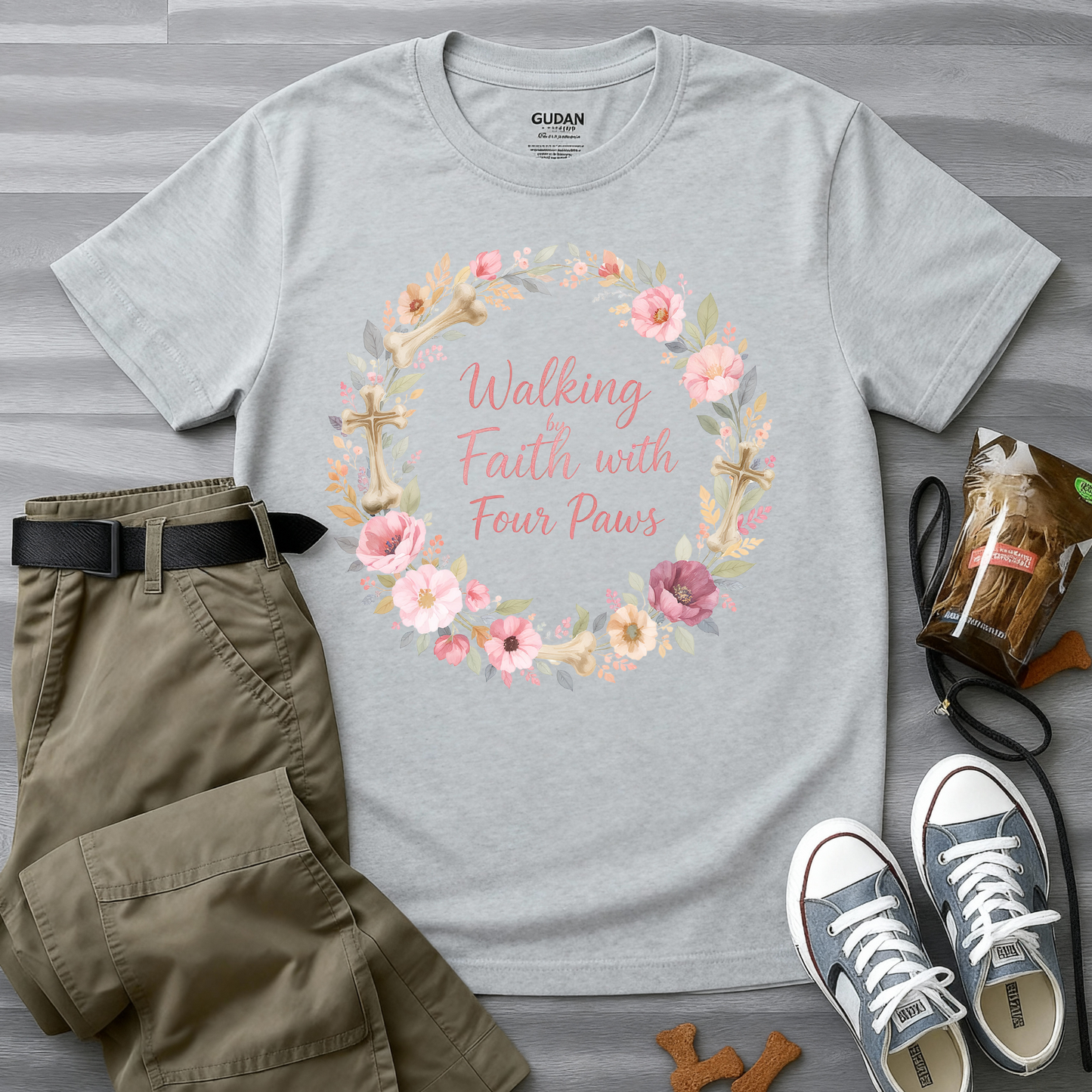 Walking By Faith With Four Paws Floral Wreath T-Shirt