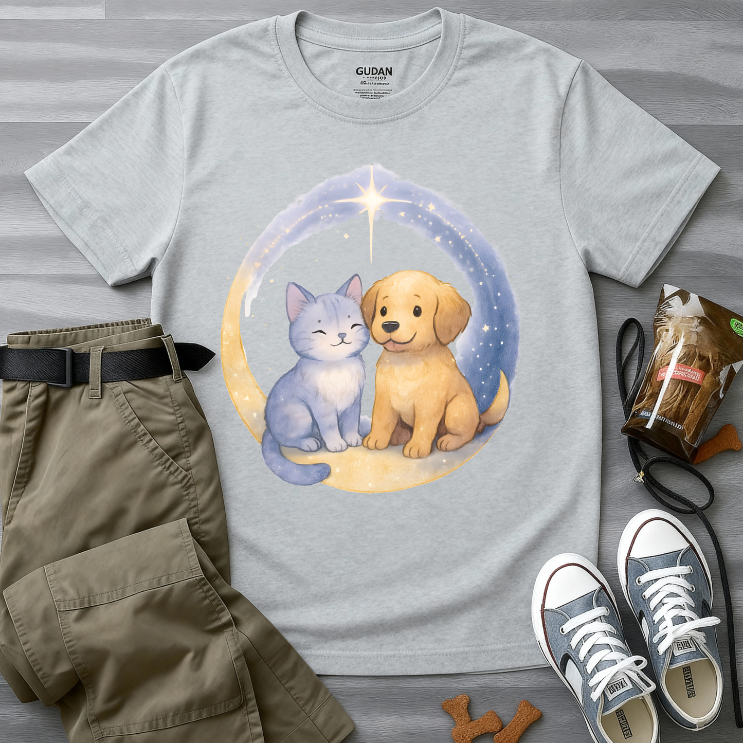 Cat And Dog in Crescent Moon T-Shirt