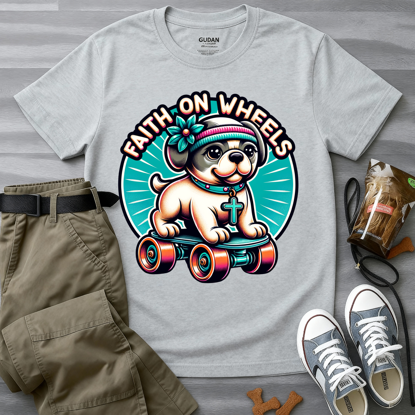 Faith on Wheels – Retro Roller-Skating Dog T-Shirt