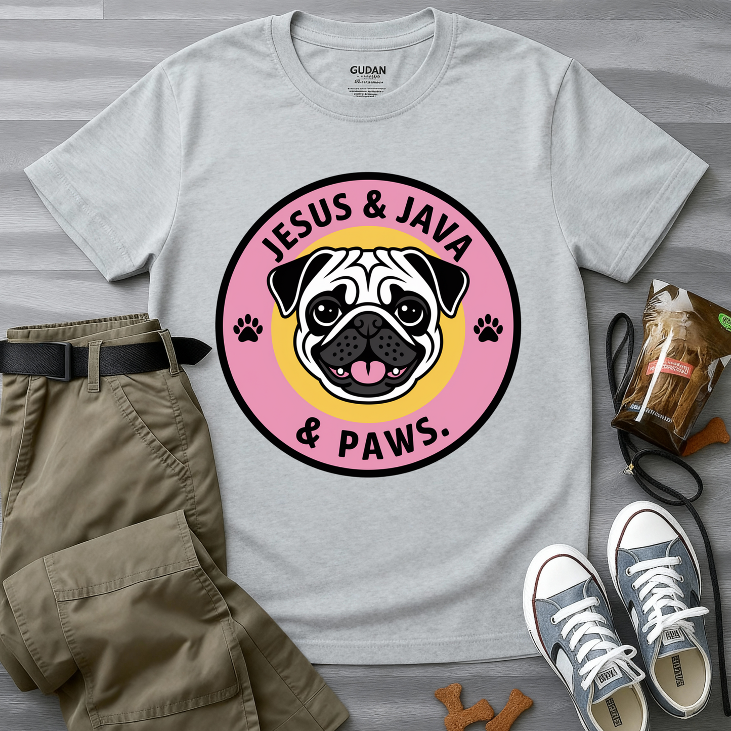 Jesus, Java & Paws – Retro Bubble Font Dog T-Shirt