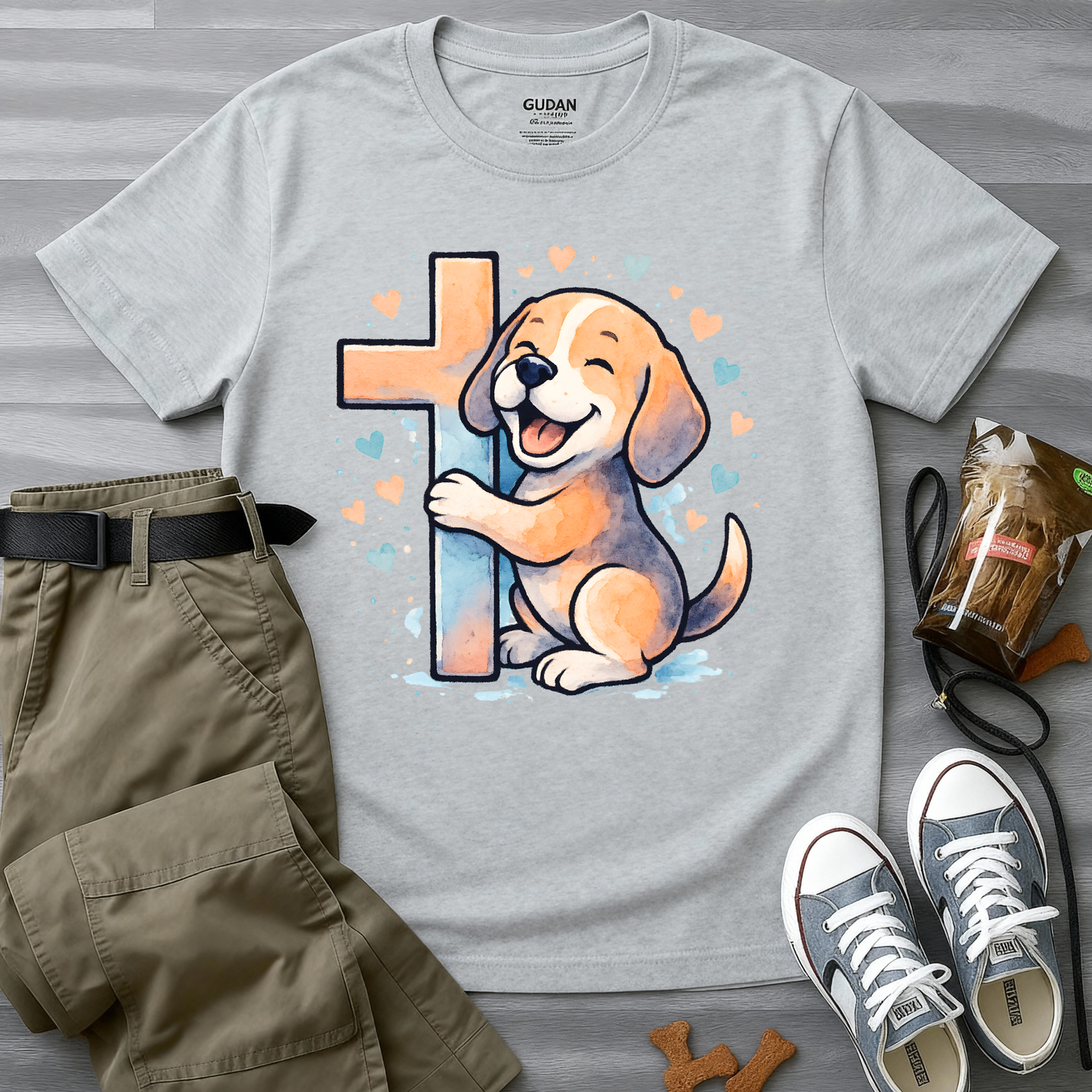 Joyful Beagle Hugging Cross T-Shirt