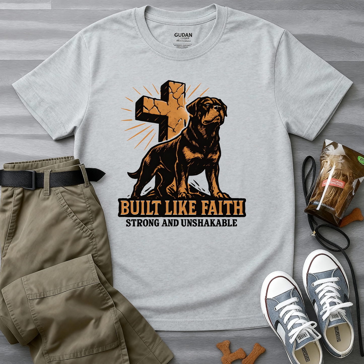 Built Like Faith, Stong and Unshakable. Rottweiler T-Shirt