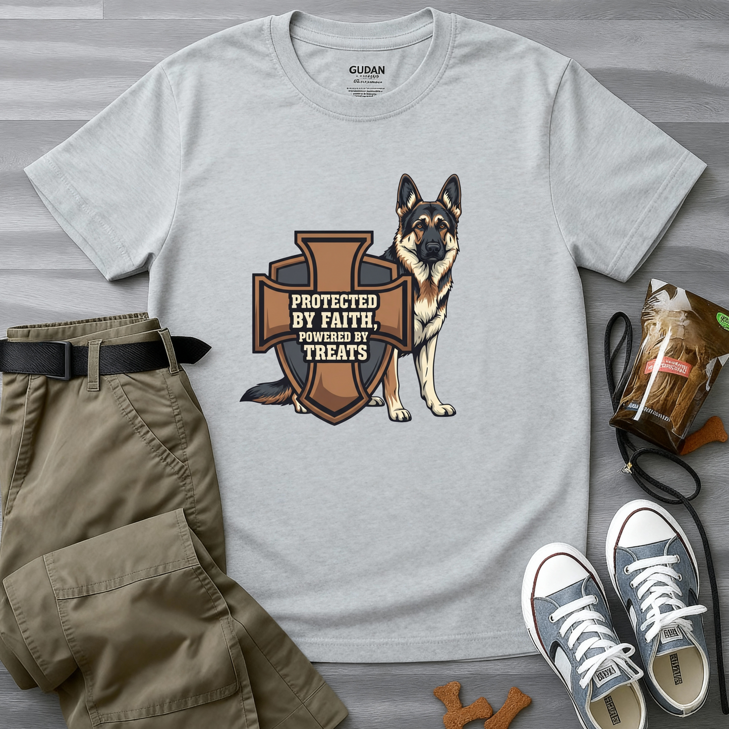 Protected by Faith, Powered by Treats, German Shepherd T-Shirt