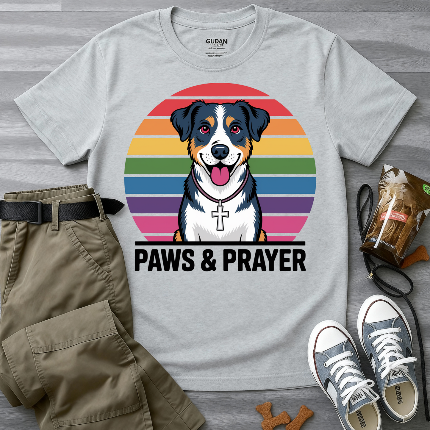 Paws & Prayer – 70s Retro Rainbow Dog T-Shirt