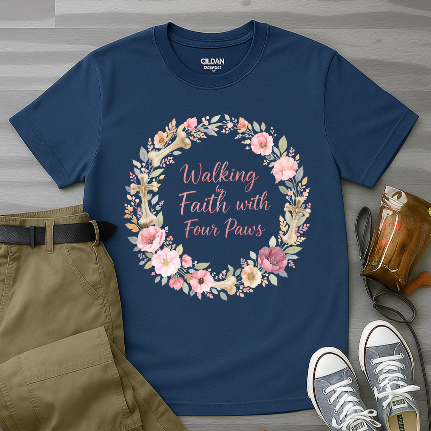 Walking By Faith With Four Paws Floral Wreath T-Shirt