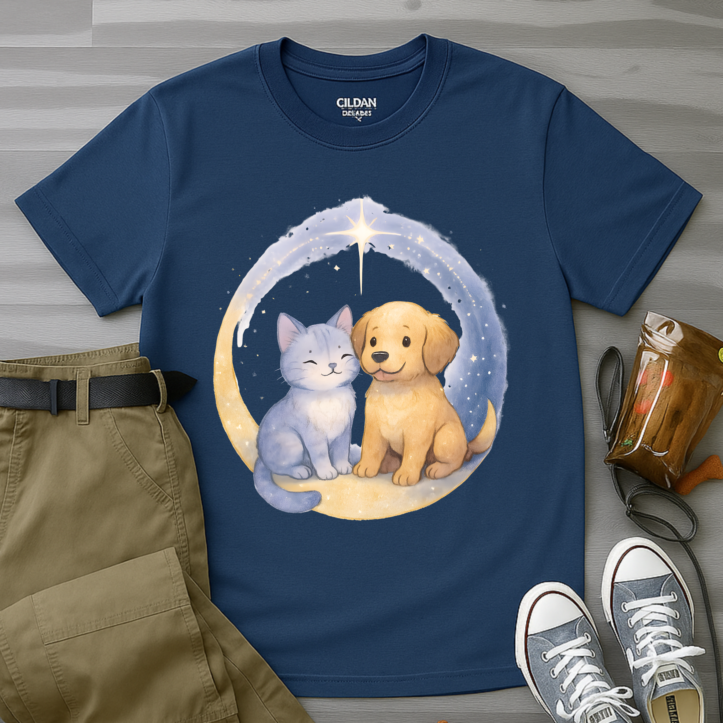 Cat And Dog in Crescent Moon T-Shirt