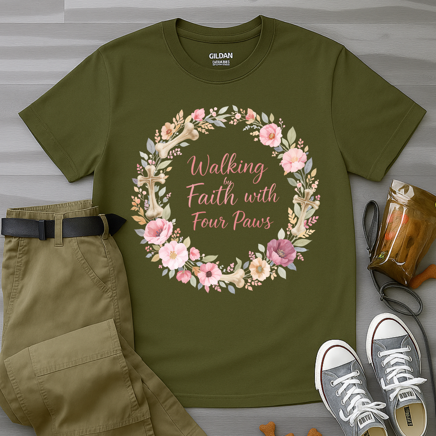 Walking By Faith With Four Paws Floral Wreath T-Shirt