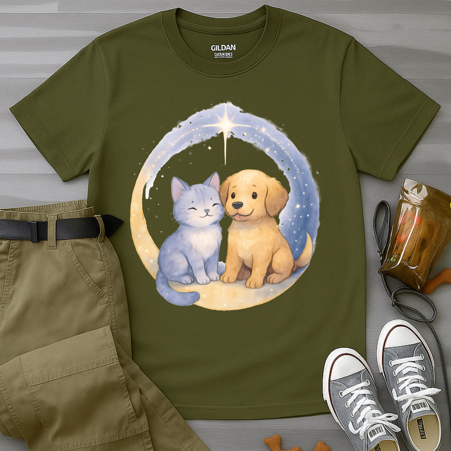 Cat And Dog in Crescent Moon T-Shirt