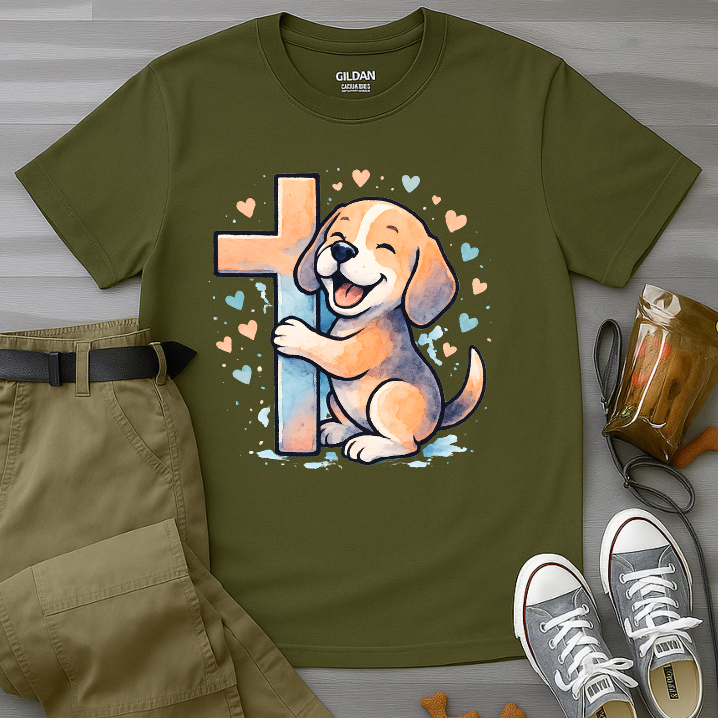 Joyful Beagle Hugging Cross T-Shirt