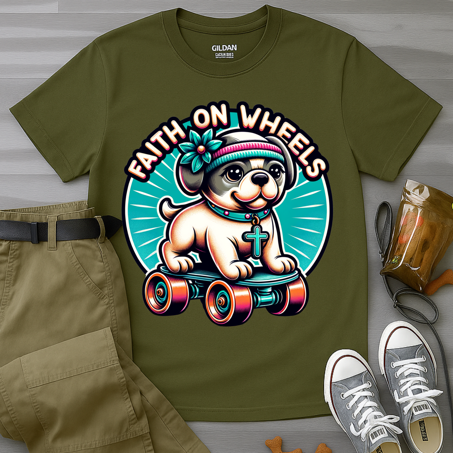 Faith on Wheels – Retro Roller-Skating Dog T-Shirt
