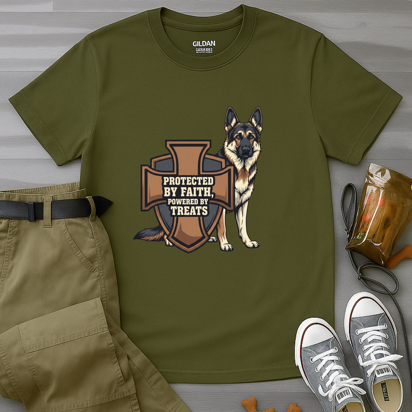 Protected by Faith, Powered by Treats, German Shepherd T-Shirt